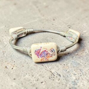 Silver Wire Wrapped Paisley Howlite Style Stone Bangle Bracelet Boho Stackable